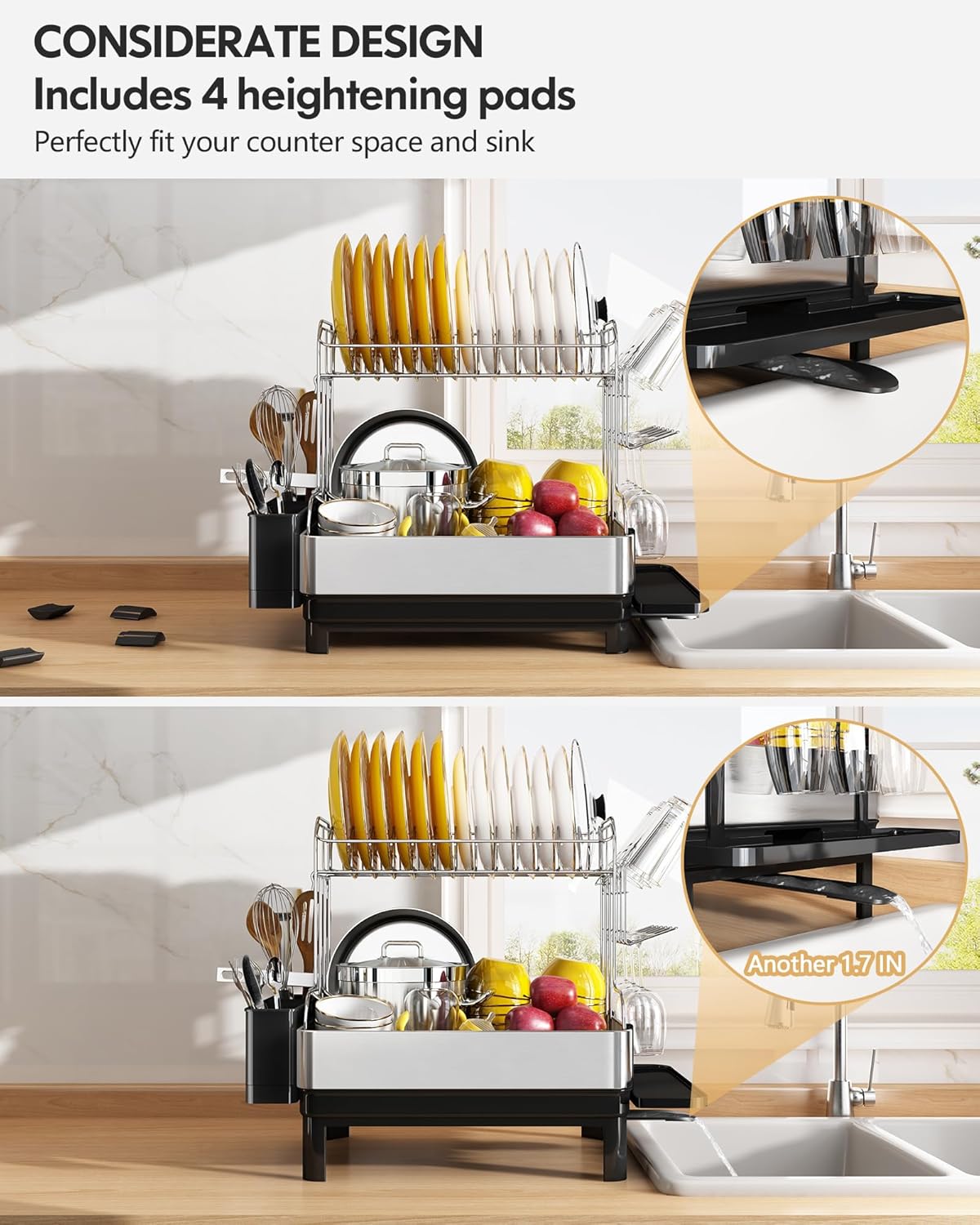 BOOSINY Dish Drying Rack with Drainboard, Stainless Steel Dish Rack, 2 Tier Extra Large Dish