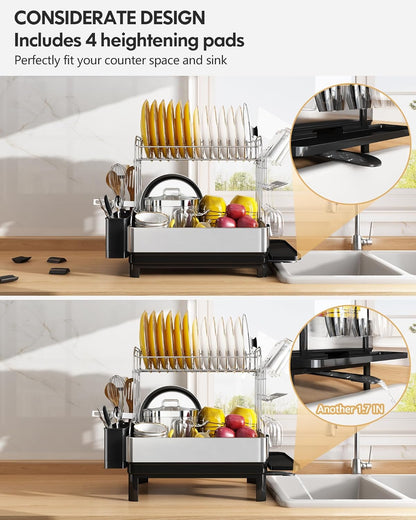 BOOSINY Dish Drying Rack with Drainboard, Stainless Steel Dish Rack, 2 Tier Extra Large Dish