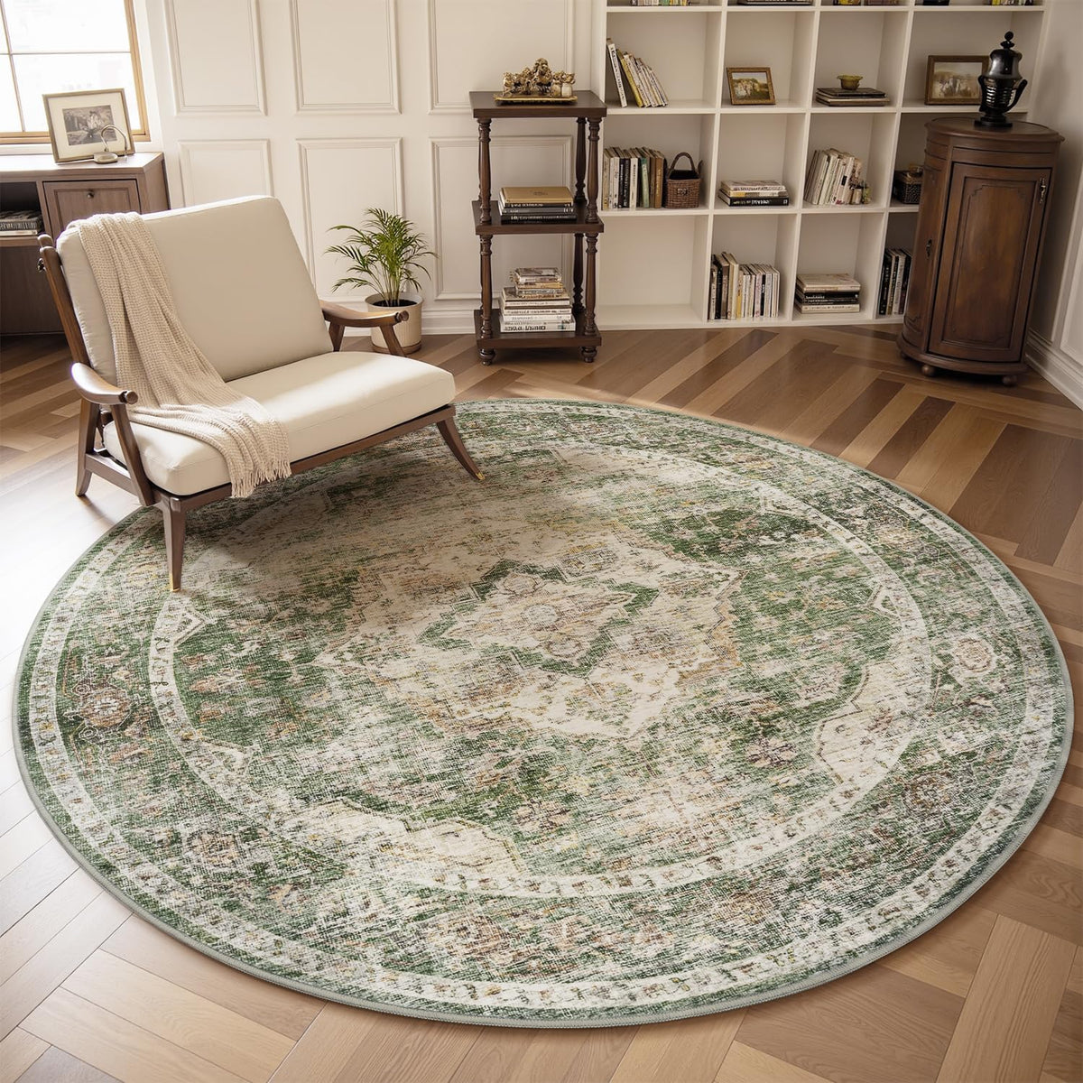 AMOAMI-6FT Round Rug-Rugs for Living Room-Vintage Soft Olive Green Rugs for Bedroom-Non Slip Circle