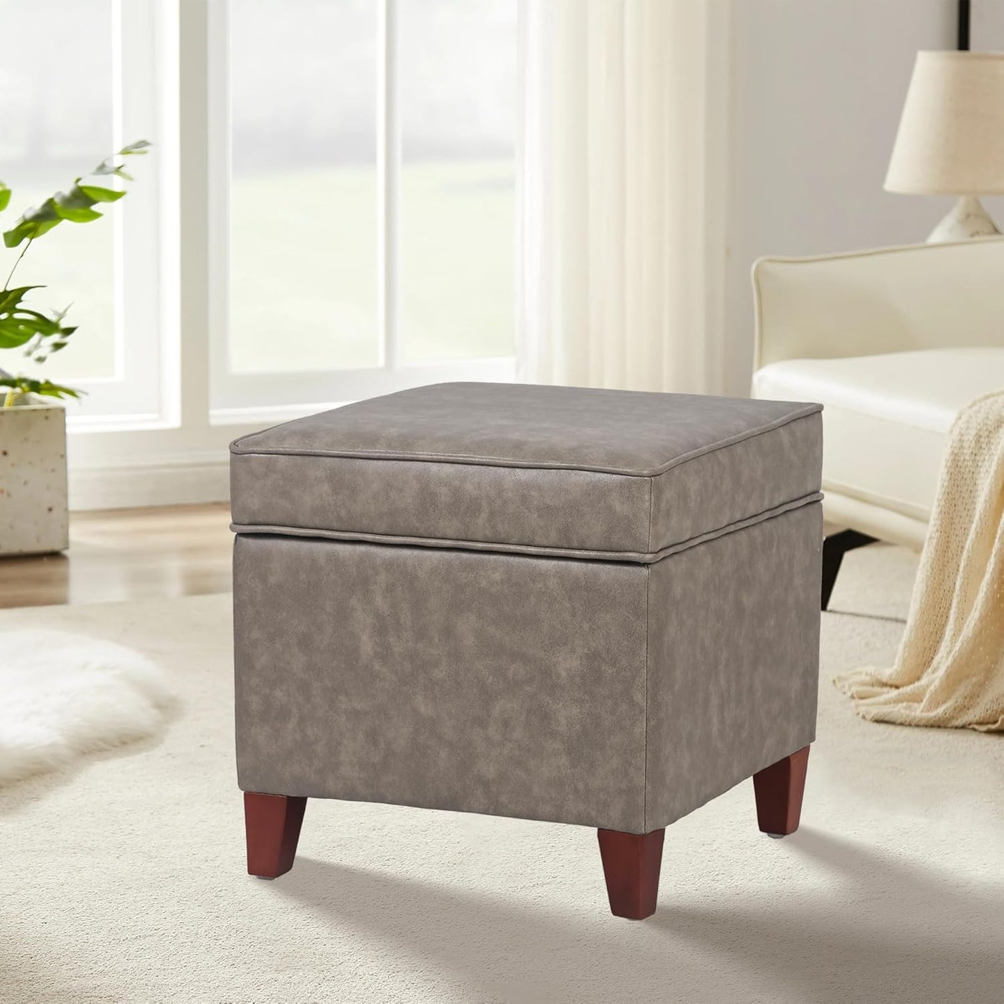 Adeco 17.5" Square Faux Leather Ottoman with Storage - Upholstered PU Foot Rest - Flip Top