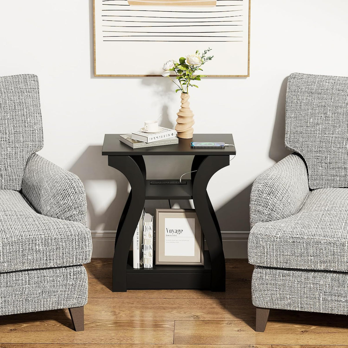 End Table with Charging Station, Side Table with USB Ports and Outlets, Nightstand, 3 Tier End
