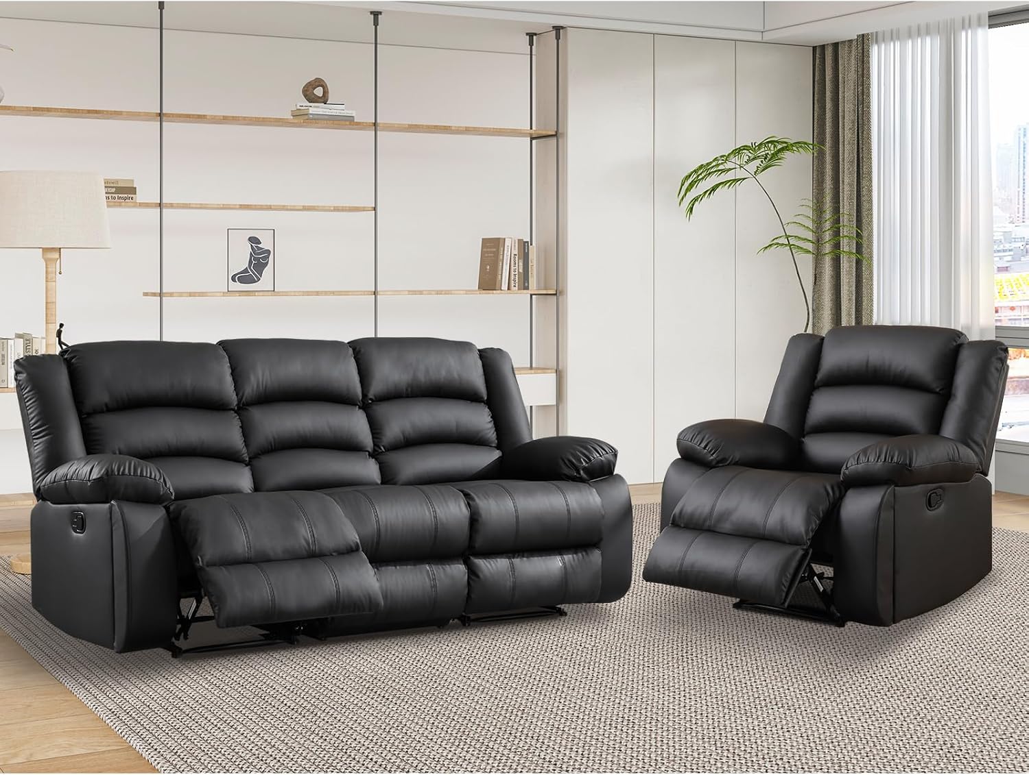 EBELLO Faux Leather Manual Recliner Sofa Set, 3 Seat Reclining Sofa, Couch Furniture Set for Living