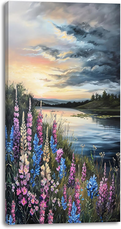 LASMOND Beautiful Colorful Grassland by Riverbank Landscape Wall Art Decor Artwork for Bedroom