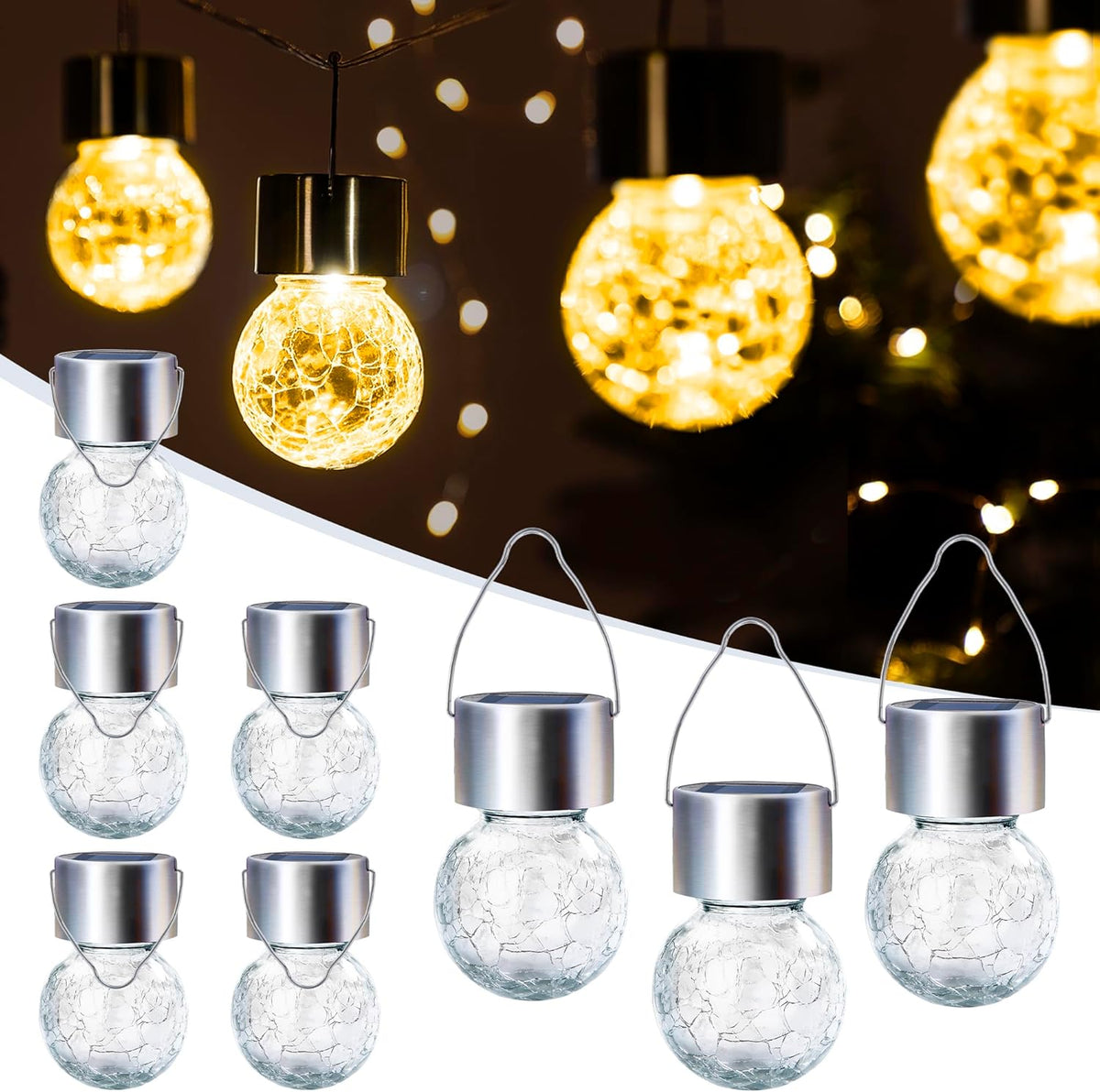 GIGALUMI 8 Pack Solar Outdoor Hanging Lights - Warm White LED, Water Resistant, Glass, Rechargeable
