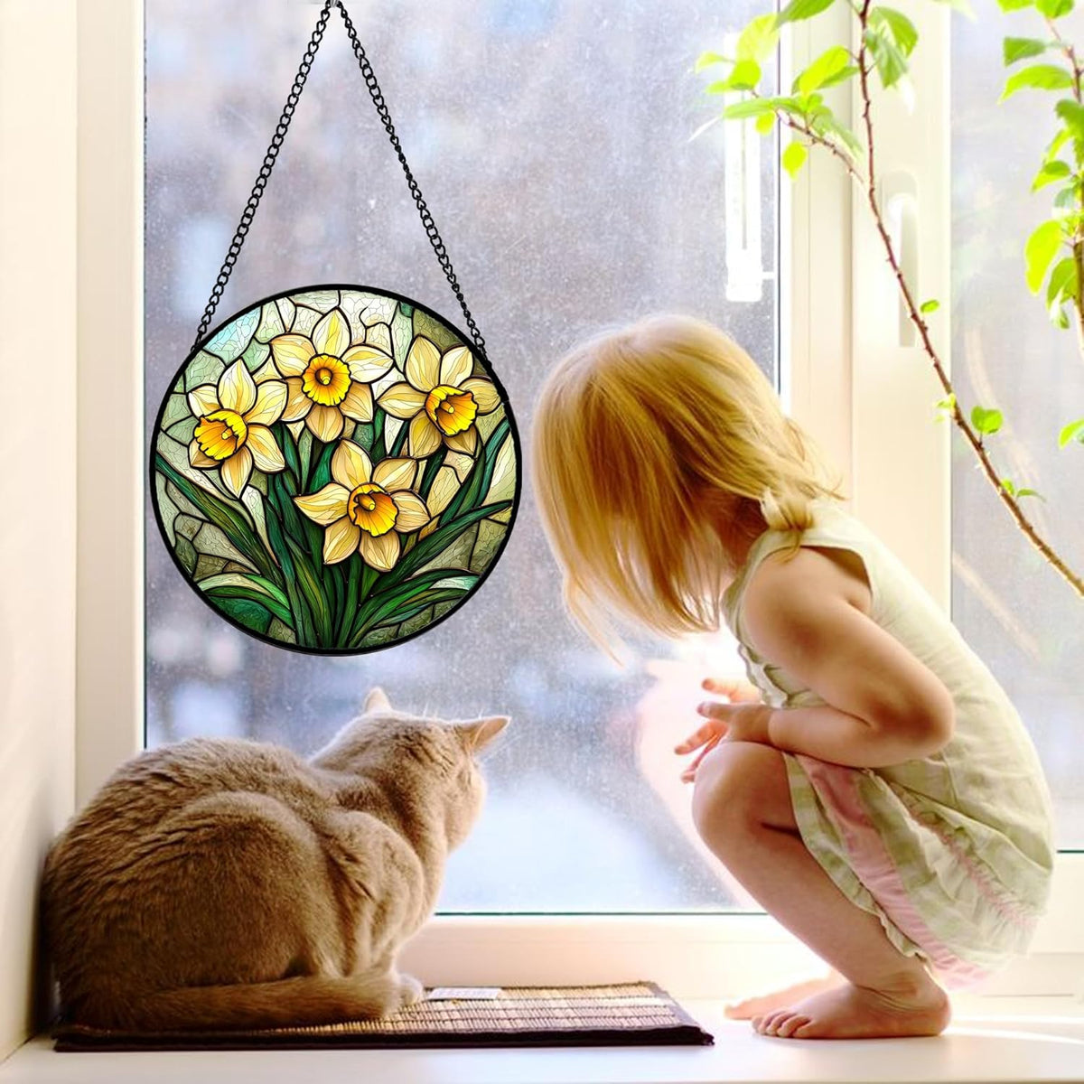 Stained Glass Window Hanging, Daffodil Plant Flowers Sun Catchers Diamond Glass Panel Hangings