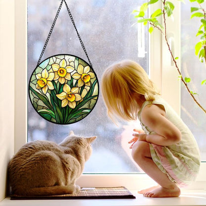 Stained Glass Window Hanging, Daffodil Plant Flowers Sun Catchers Diamond Glass Panel Hangings