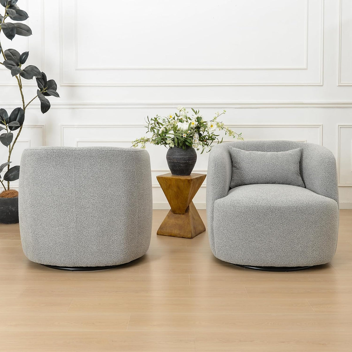 KINWELL 34" Wide Sherpa Swivel Barrel Chairs Set of 2, No Assembly Round Boucle Upholstered Accent