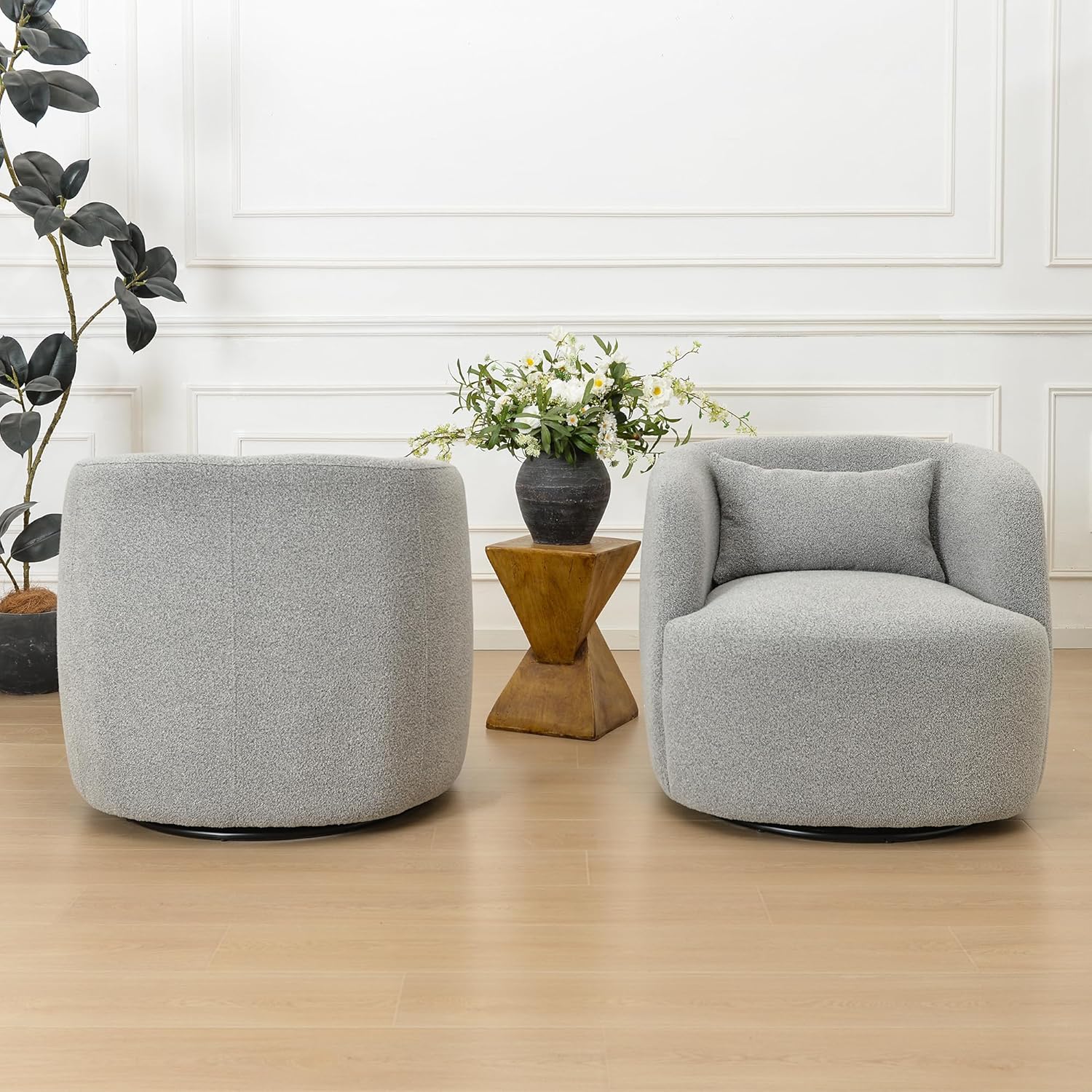 KINWELL 34" Wide Sherpa Swivel Barrel Chairs Set of 2, No Assembly Round Boucle Upholstered Accent
