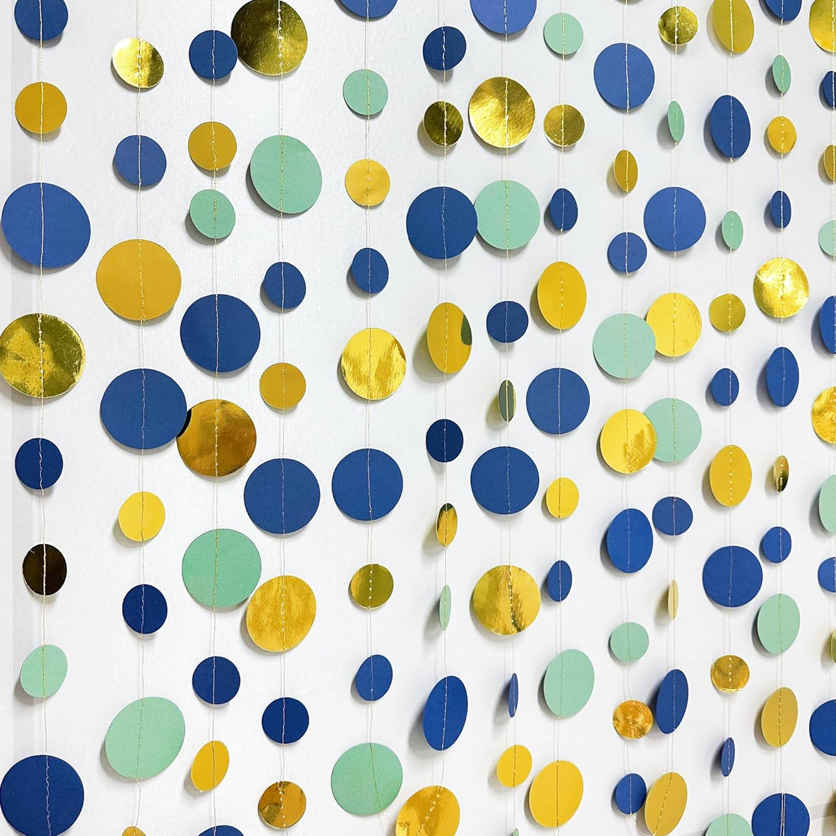 Blue Gold Green Decorations Circle Dots Garland Metallic Gold Navy Blue with Sage Green Hanging