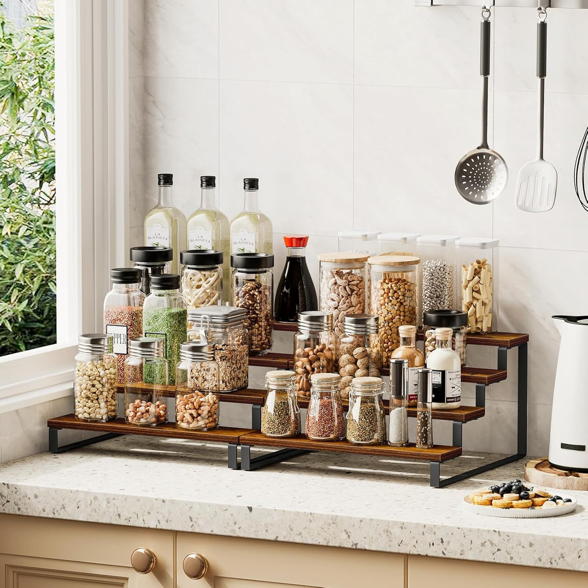 Giikin 4 Tier Spice Rack, Set of 2 Wooden Spice Rack for Countertop, Kitchen Counter Storage