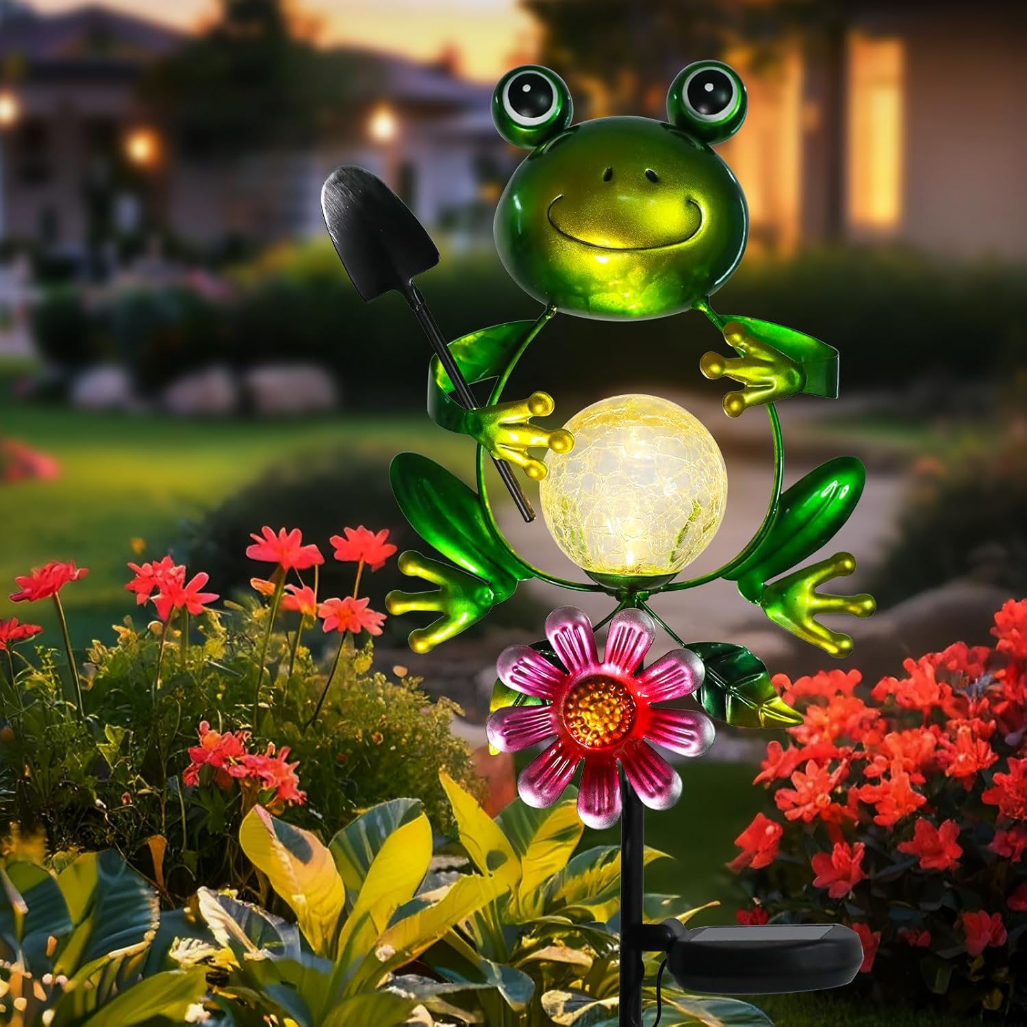 Afirst Solar Lights Outdoor Decorative Metal Frog Crackle Glass Globe Warm White LED Metal