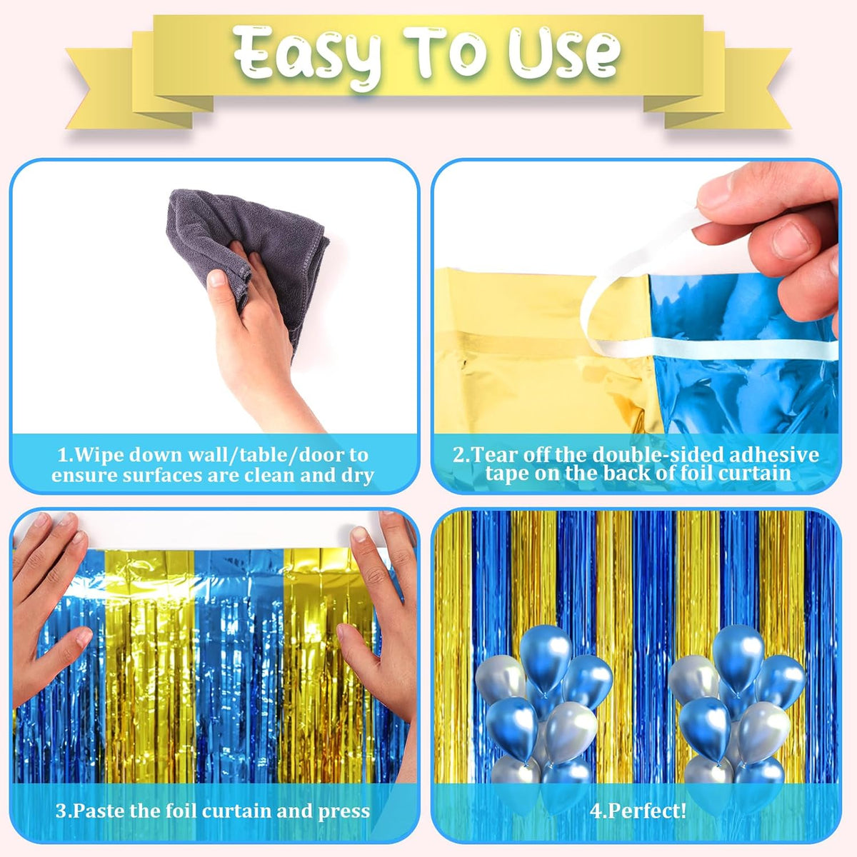 3 Pack 3.3 x 8.2 ft Blue Gold Foil Fringe Backdrop Curtains, Tinsel Streamers Party Decorations