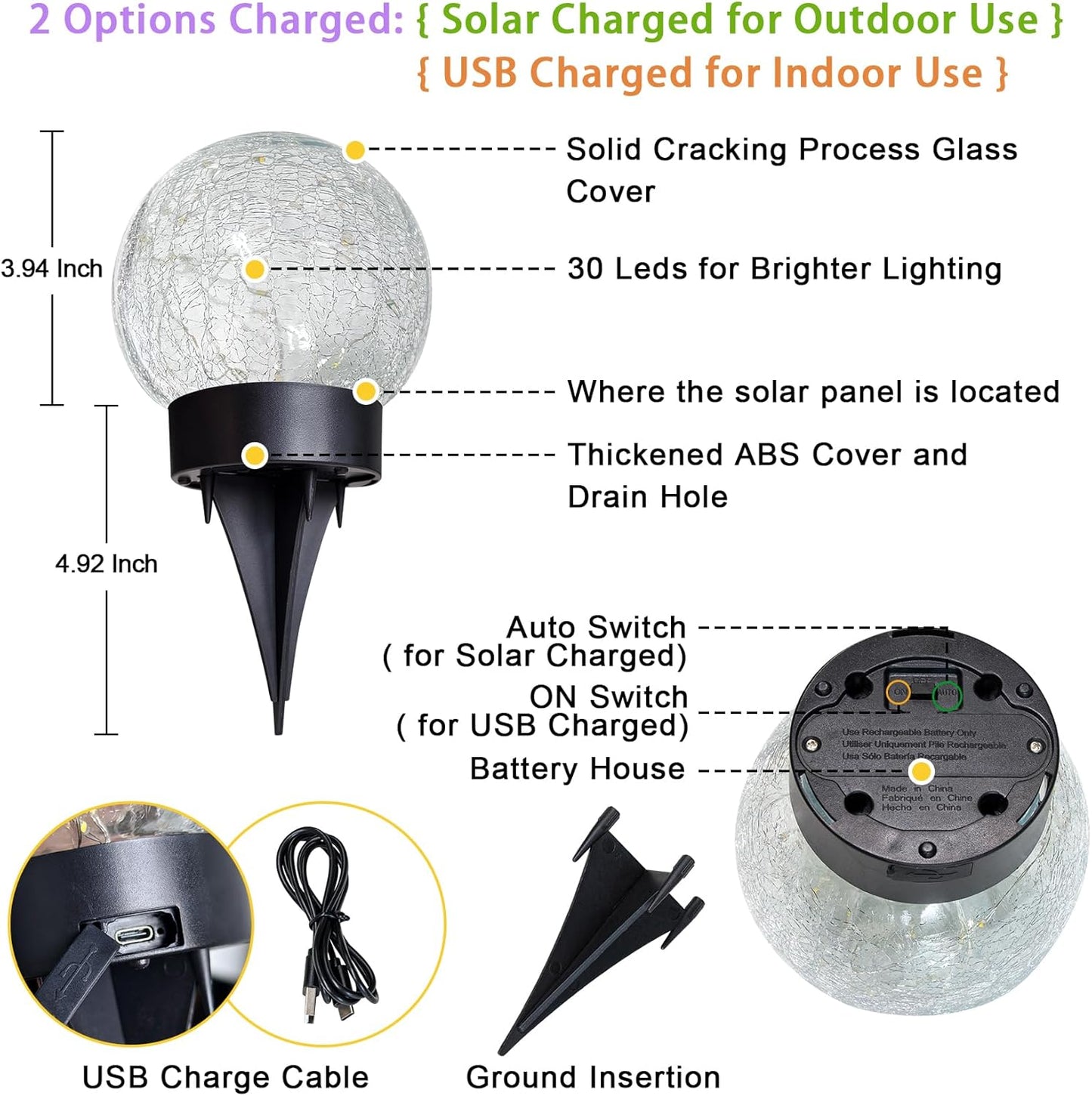 Beautyard Solar Globe Lights Outdoor USB Charged Garden Decor 3.94" Diameter 30LED 1000mAh Solar