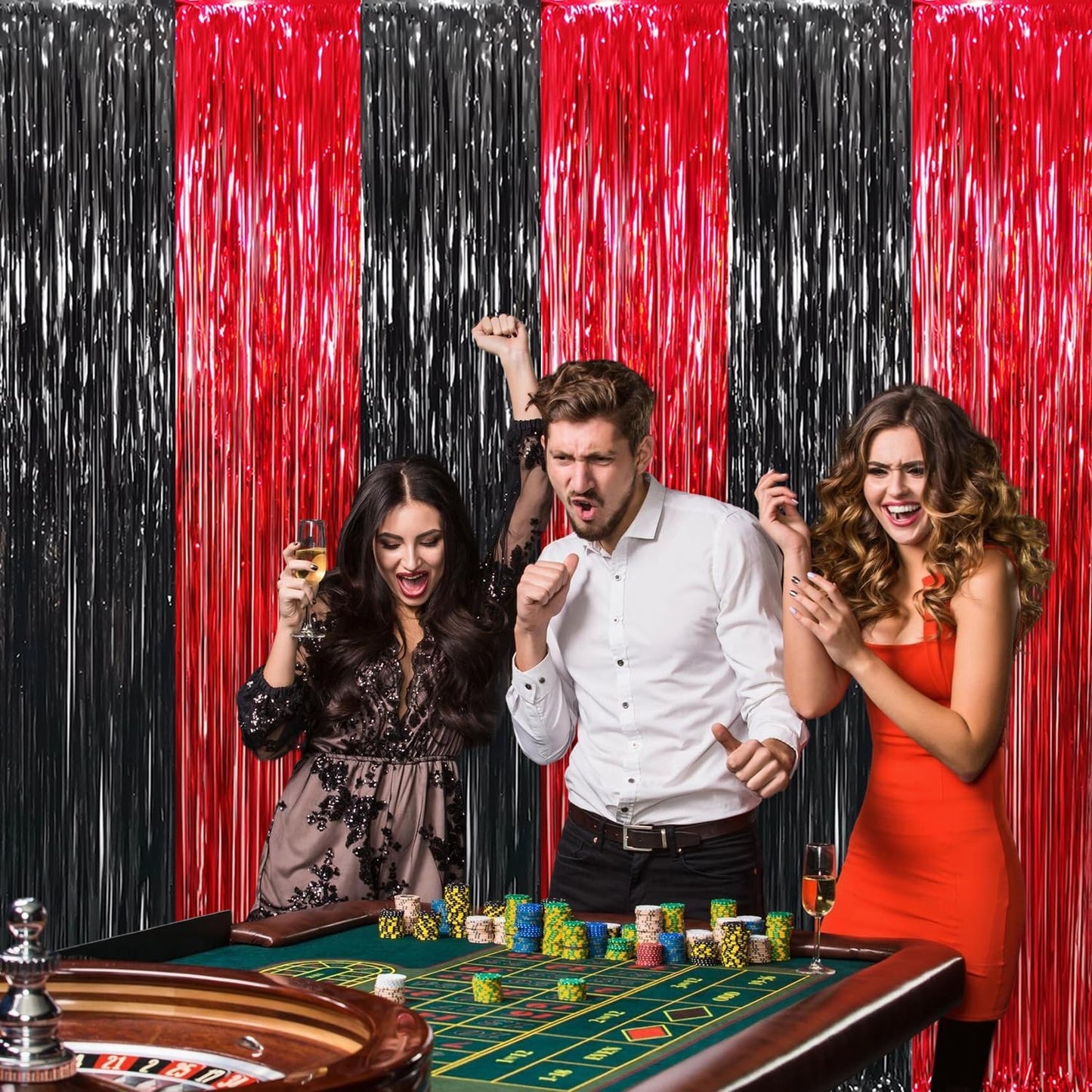 GOER 6.4 ft x 8.2 ft Metallic Tinsel Foil Fringe Curtains,Pack of 2 Party Streamer Backdrop for