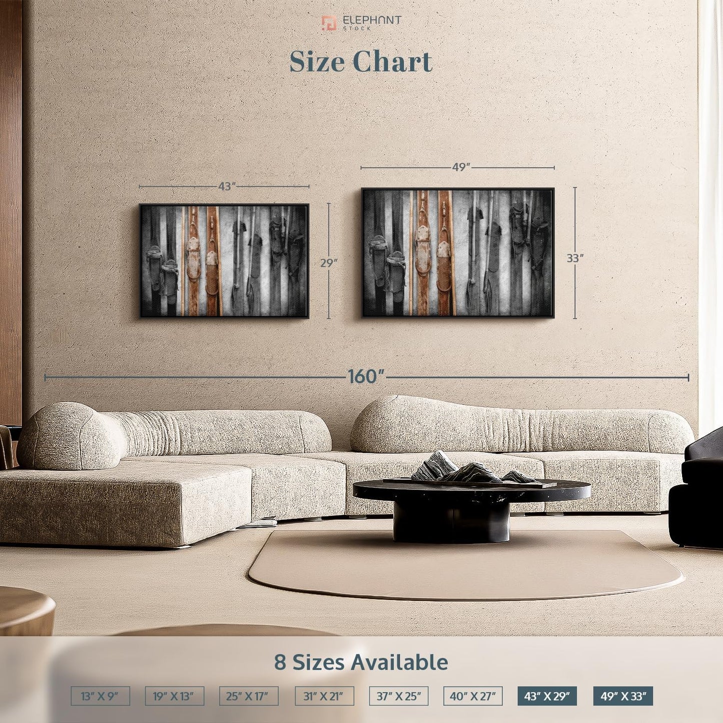 ElephantStock Ski Collection Wall Art - Horizontal Framed Canvas - 1-Piece Bathroom Wall Decor