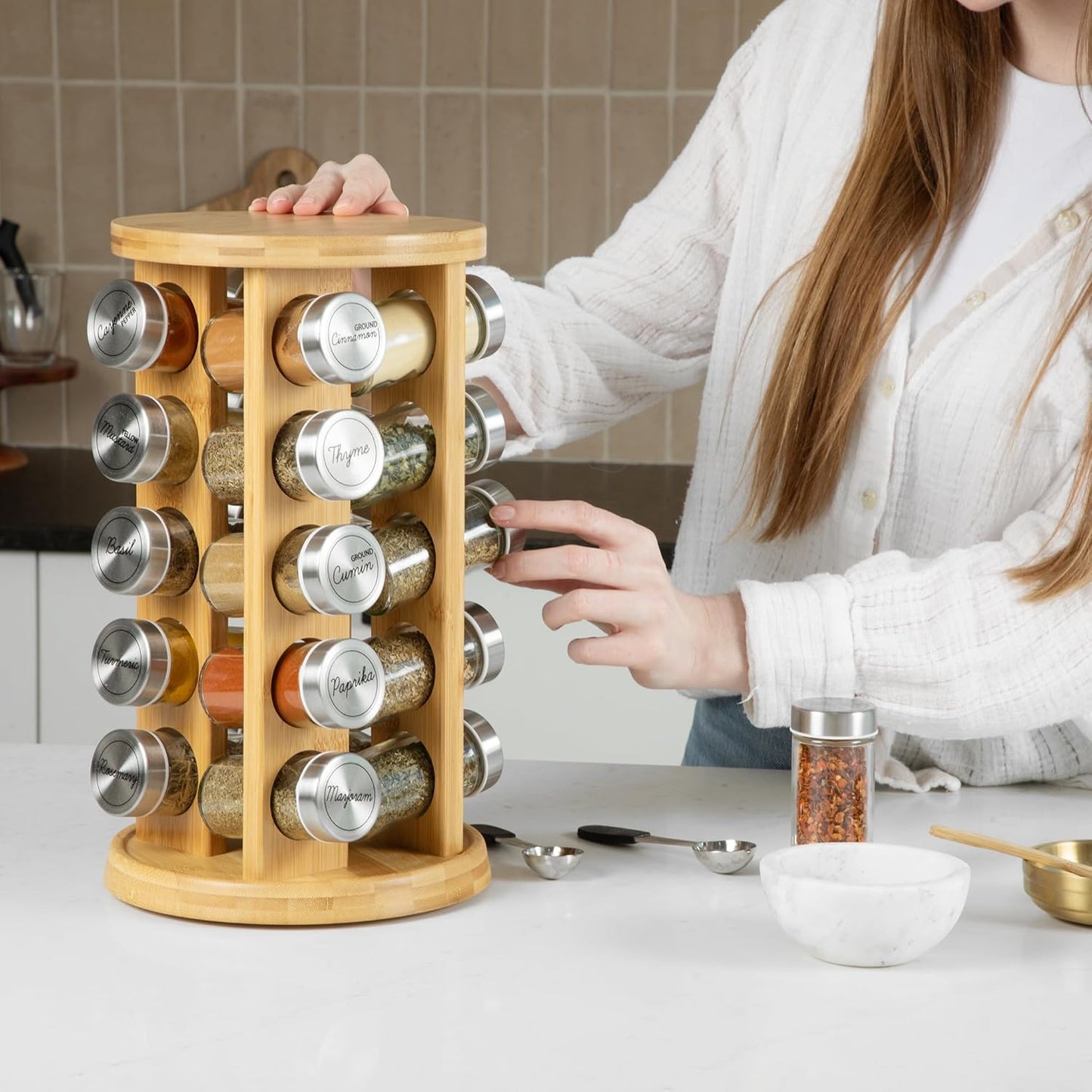 Orii 20 Jar Bamboo Spice Rack with Spices Included - Rotating Tower Organizer for Kitchen Spices