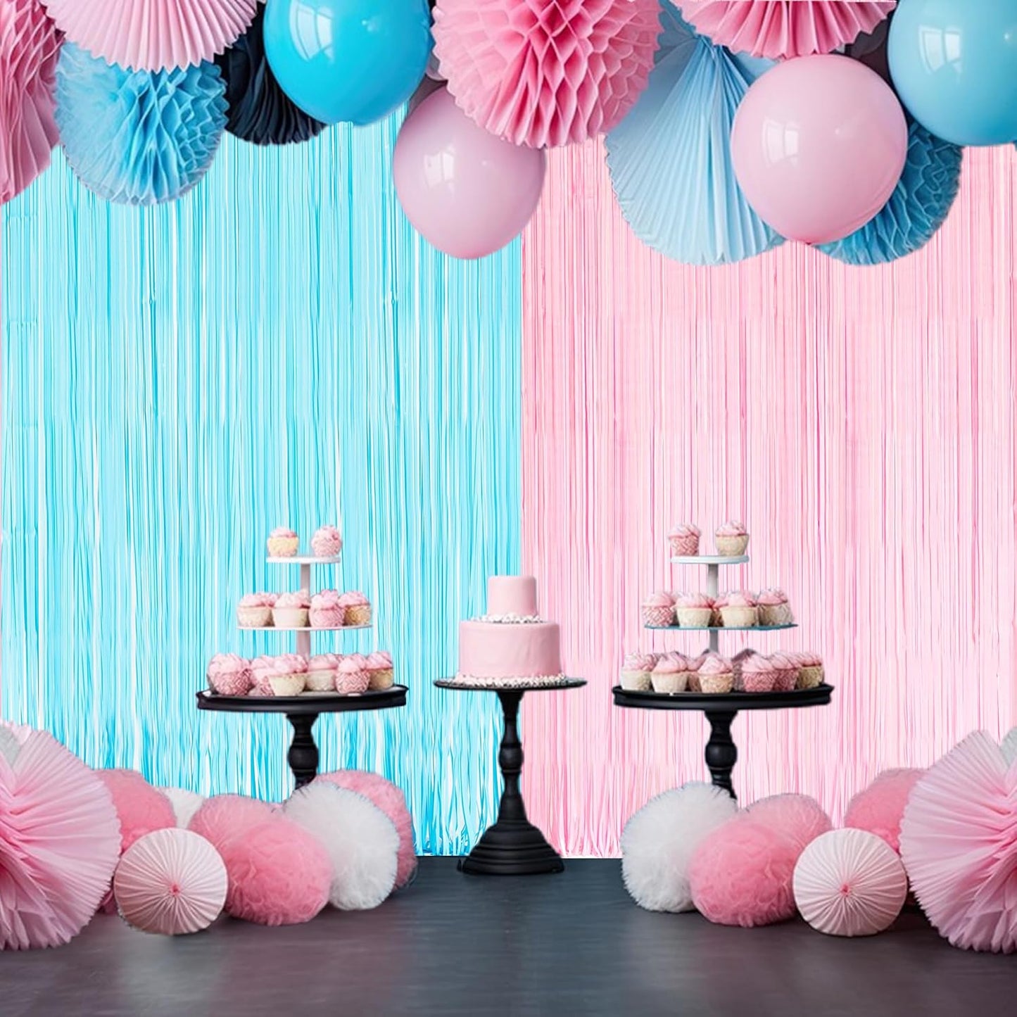 BRAVESHINE Tinsel Photo Backdrop Curtains - 2 Pack 3.2x8.2ft Pastel Pink Blue Foil Fringe Streamer