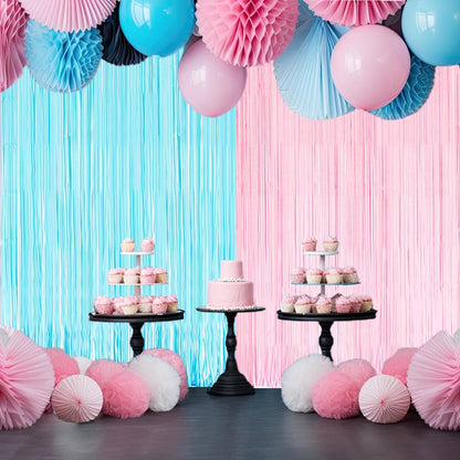BRAVESHINE Tinsel Photo Backdrop Curtains - 2 Pack 3.2x8.2ft Pastel Pink Blue Foil Fringe Streamer