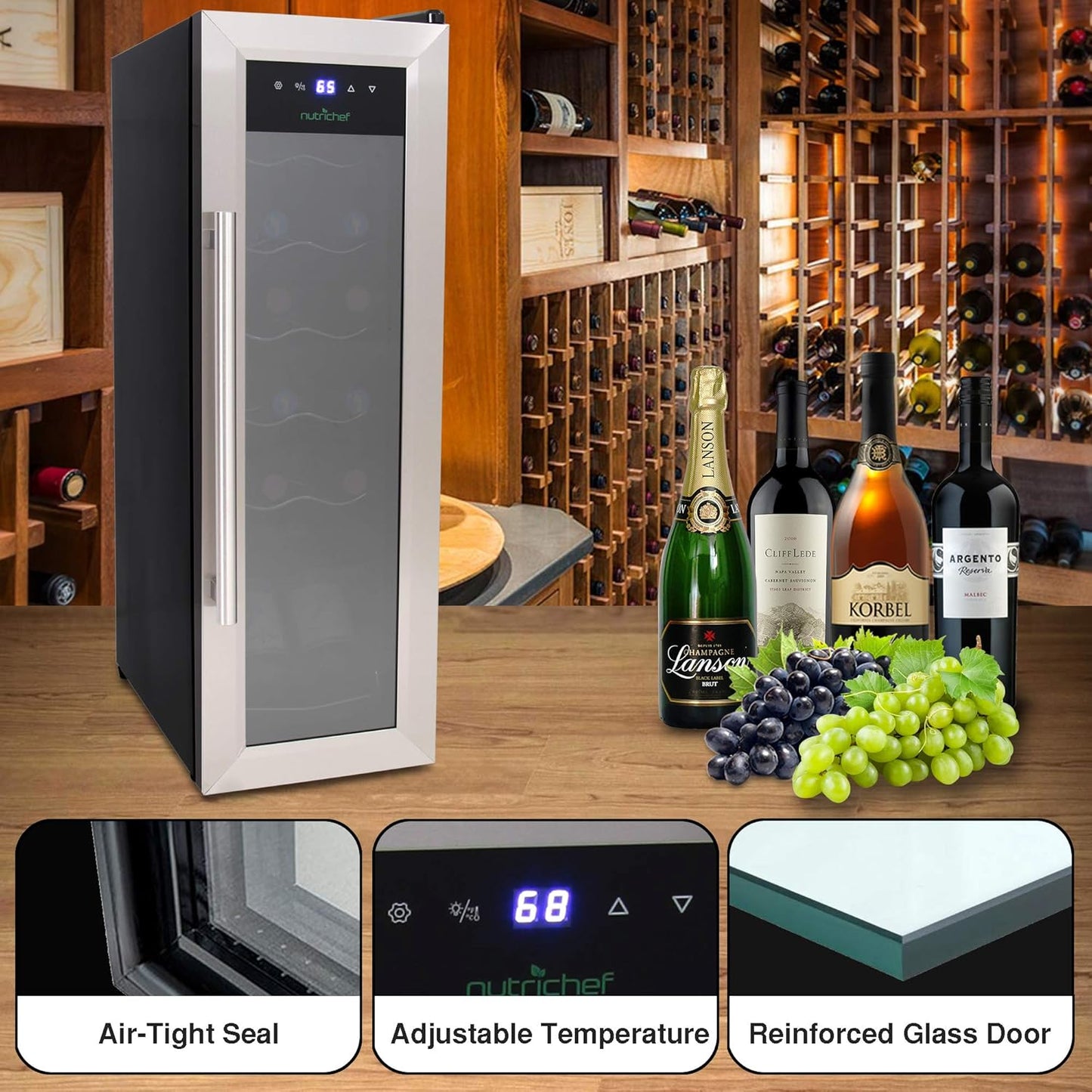 NutriChef PKCWC12 12 Bottle Cooler Refrigerator White and Red Countertop Chiller, Freestanding