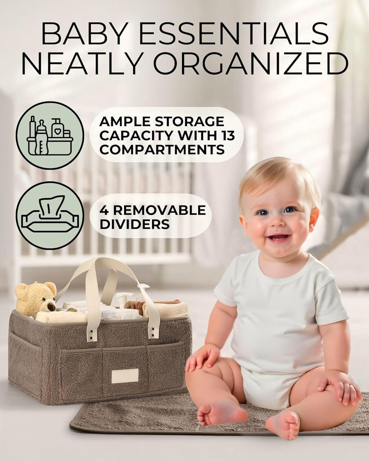 Baby Diaper Caddy Organizer with Portable Changing Mat - Teddy Fleece Diaper Organizer for Changing