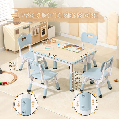 Height-Adjustable Kids Table and Chairs, 31.5''L x 23.6''W Toddler Table and 4 Chairs Set with