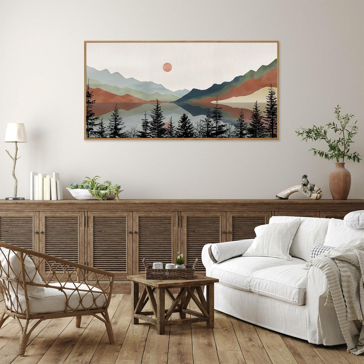 Tinonedraw Boho Mountain Framed Canvas Wall Art Set, Watercolor Nature Landscape Wall Decor