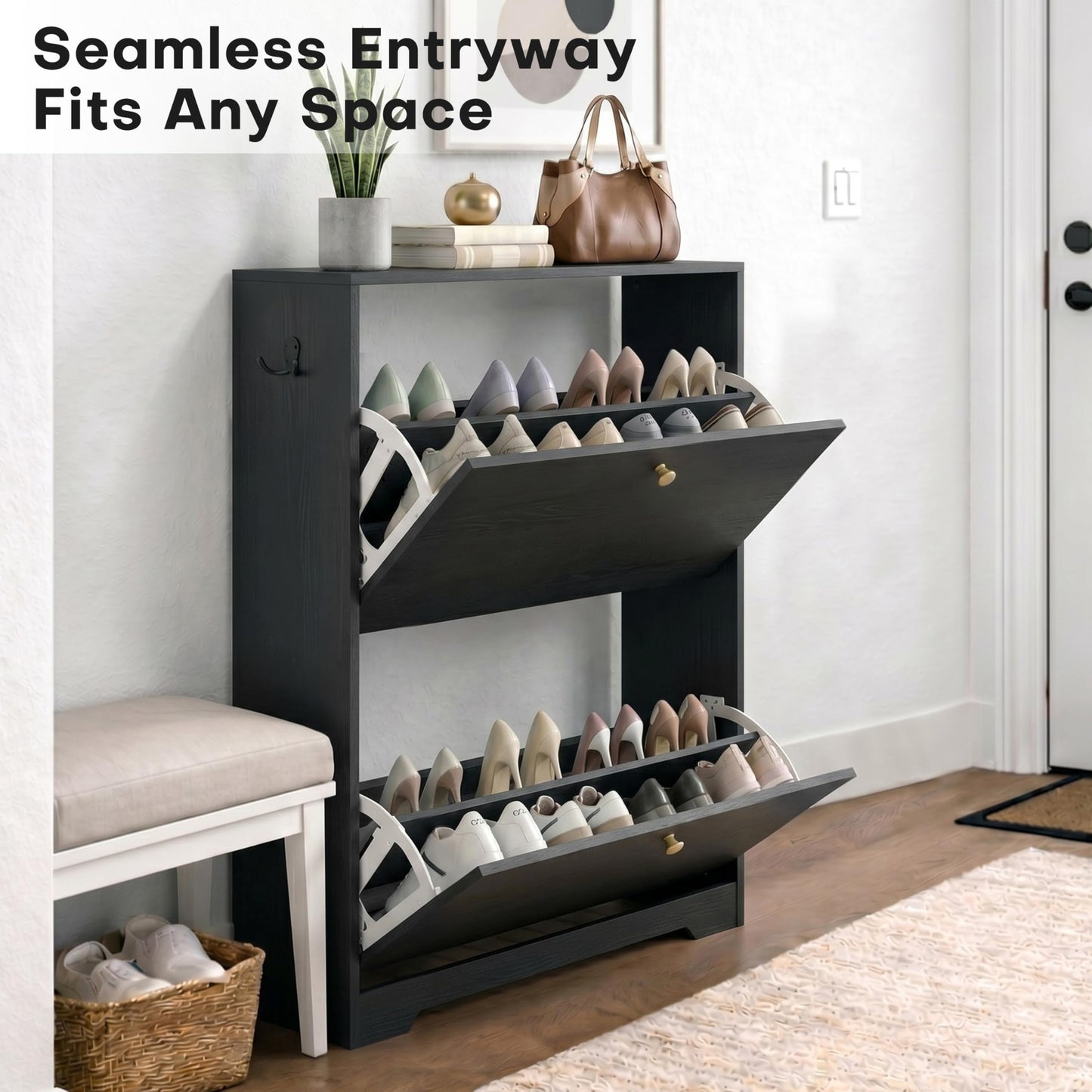 Nicetree Shoe Cabinet with 2 Flip Drawers, Entryway Shoes Organizer, Black