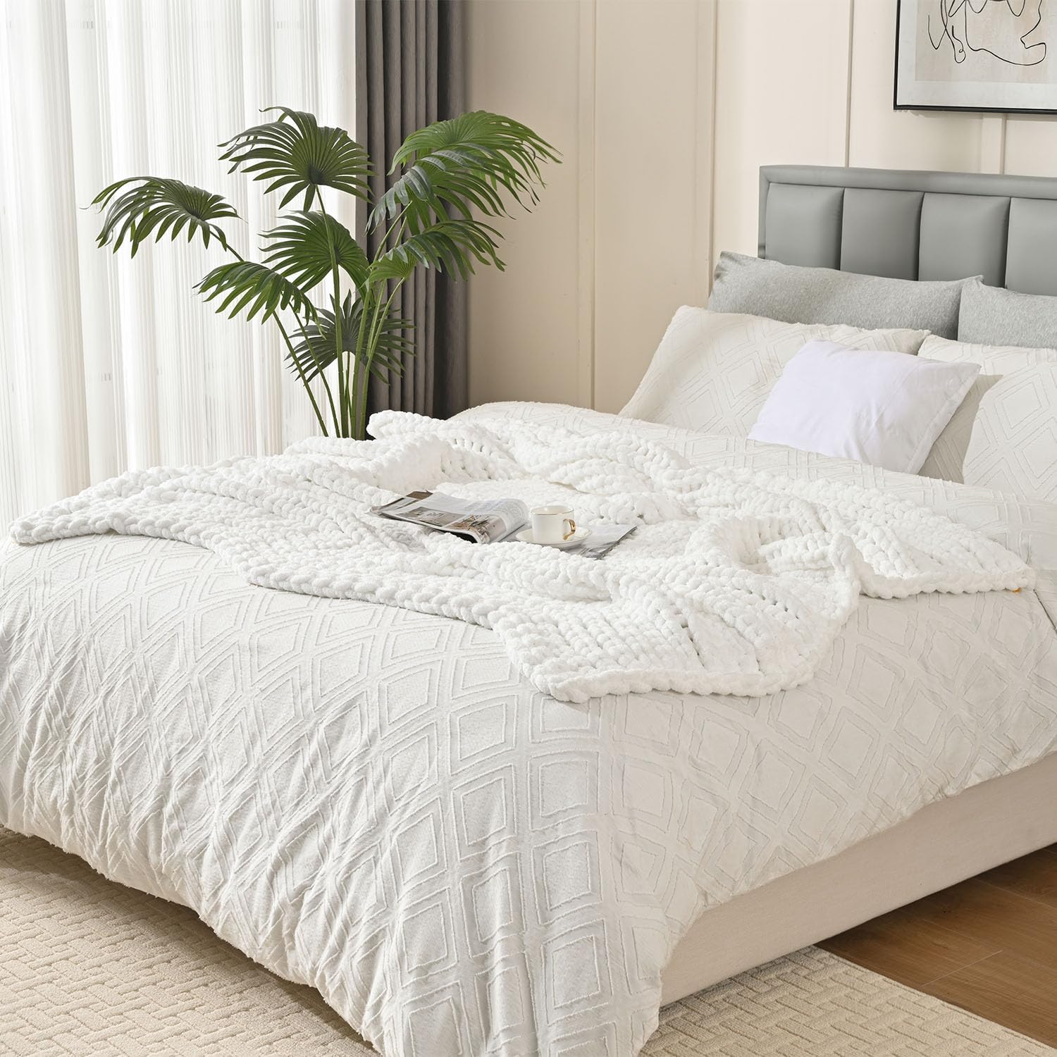Esterra 100% Hand Knitted Chenille Throw Blanket, 50"x60", White, Polyester, Chunky Knit, Throw