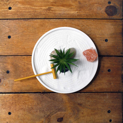 Nature's Mark Mini Zen Garden Kit for Desk with White Sand, Rake, White Base, Salt Rock and Air