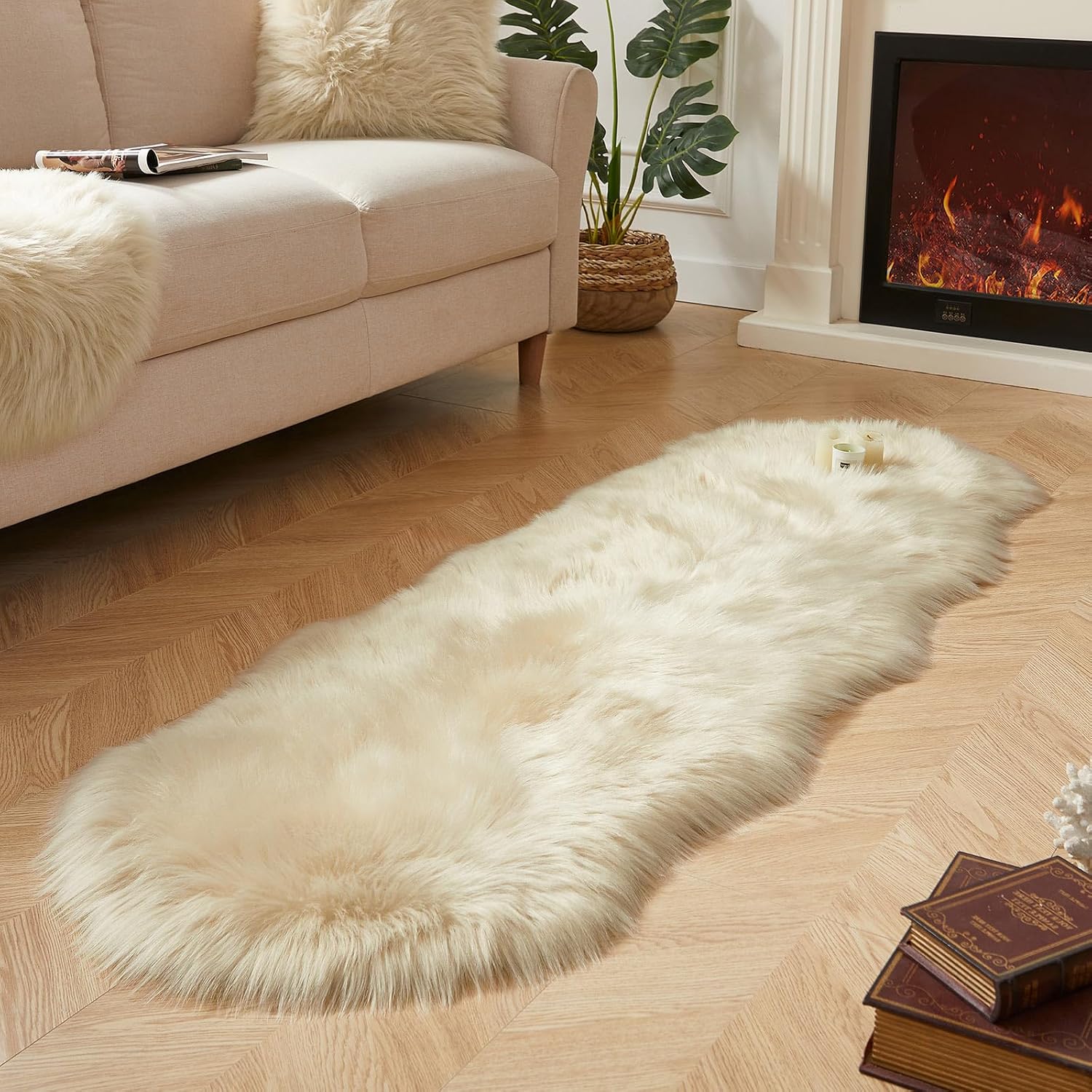 AMTOVO Faux Sheepskin Rug, Beige Ultra Soft Fluffy Shag Area Rug, 2 x 6 ft Faux Fur Rug for Bedroom
