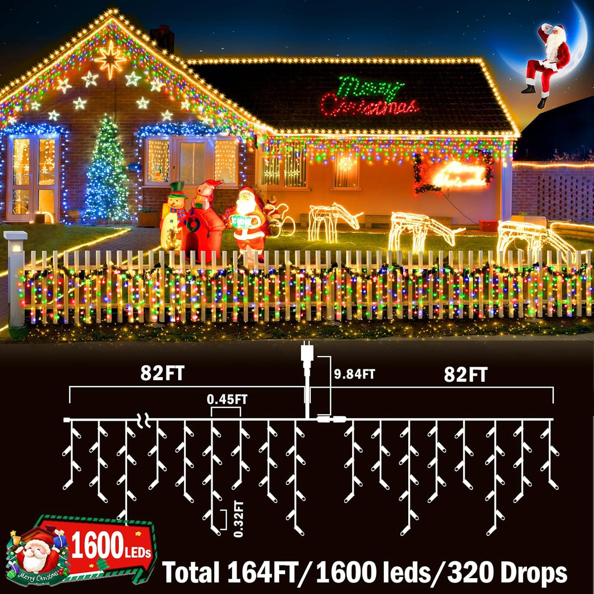 KNONEW 164FT 1600 LED Christmas Lights Outdoor Decoration Multicolor with 320 Drops, 8 Modes Timer