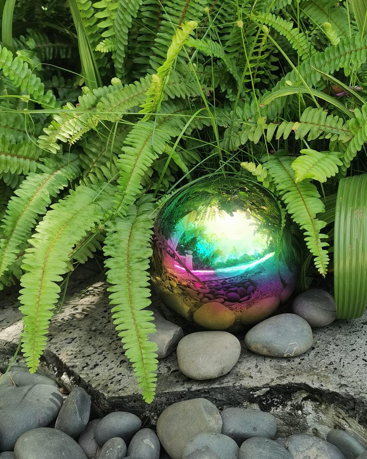 Rainbow Gazing Globe Mirror Ball in Stainless Steel, Shiny Hollow Sphere Sparkling Housewarming