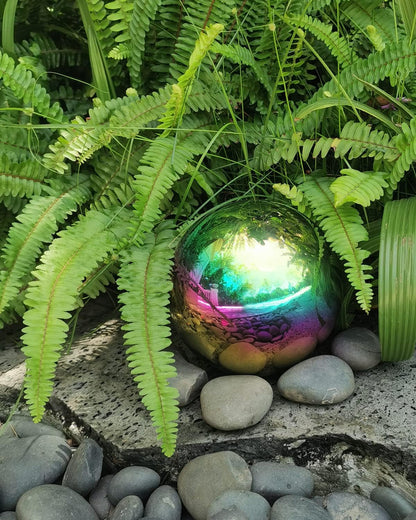 Rainbow Gazing Globe Mirror Ball in Stainless Steel, Shiny Hollow Sphere Sparkling Housewarming