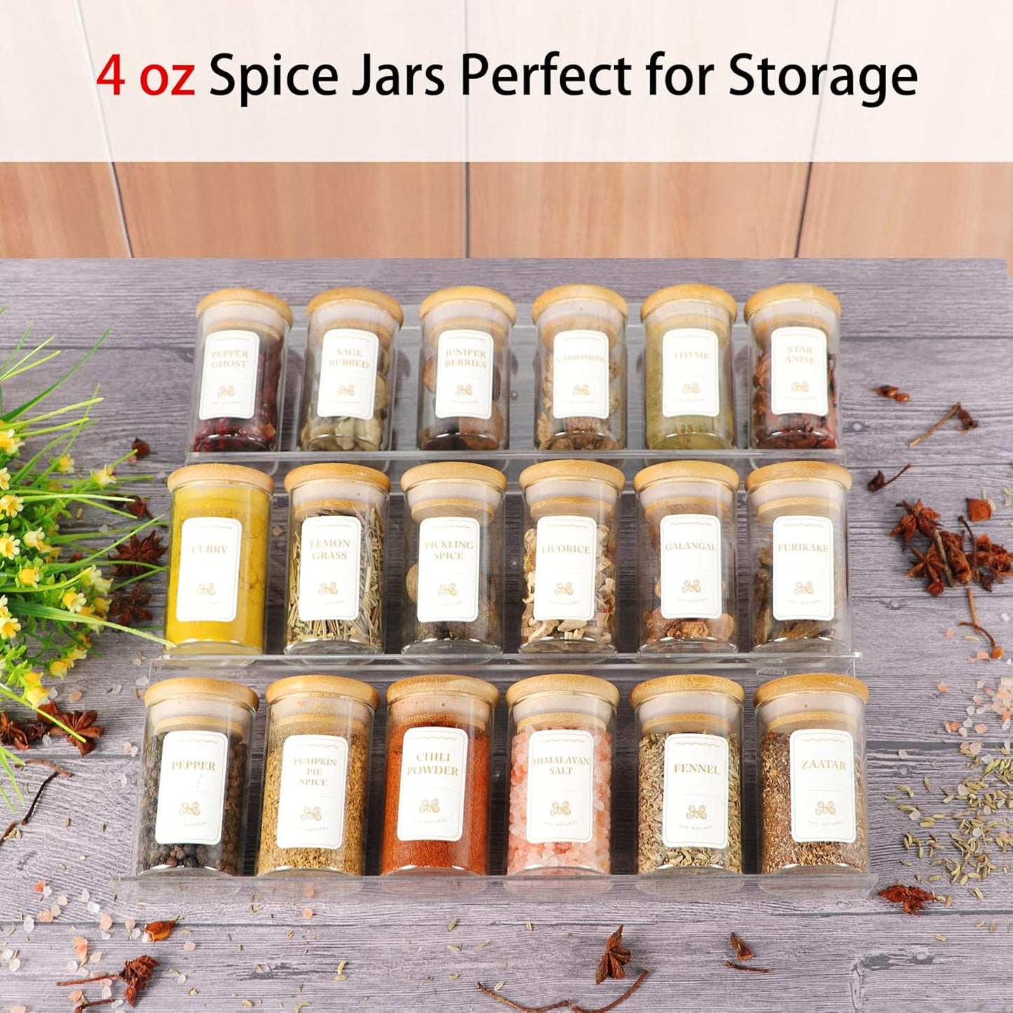 Spice Jars with Labels, 35 Pcs 4 oz Glass Spice Jars with Bamboo Lids, Minimalist Stackable
