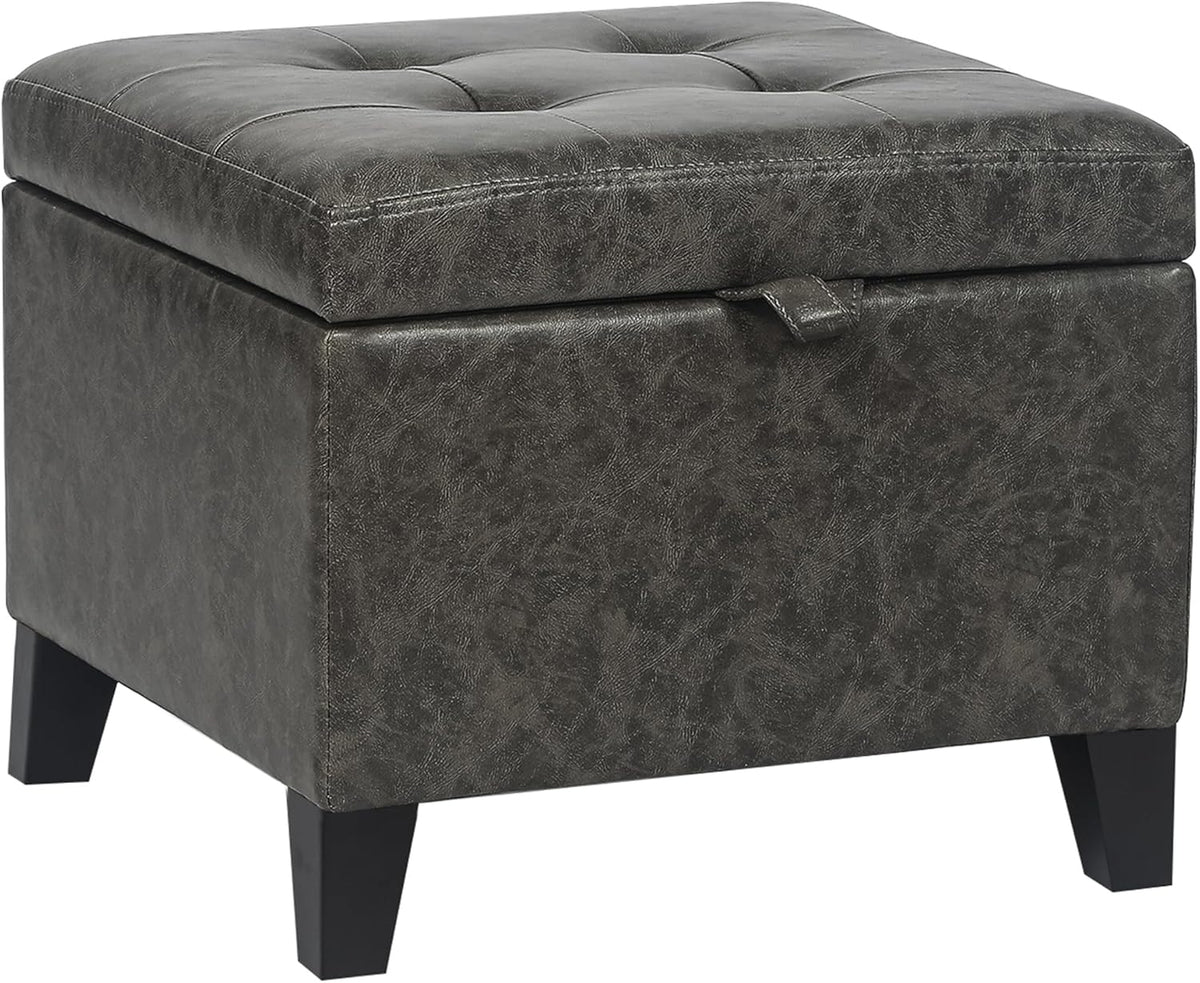 Adeco Faux Leather Storage Ottoman Bench with Wood Legs, 17.7" Square Mixed Grey PU Cube Foot