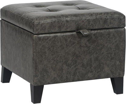 Adeco Faux Leather Storage Ottoman Bench with Wood Legs, 17.7" Square Mixed Grey PU Cube Foot