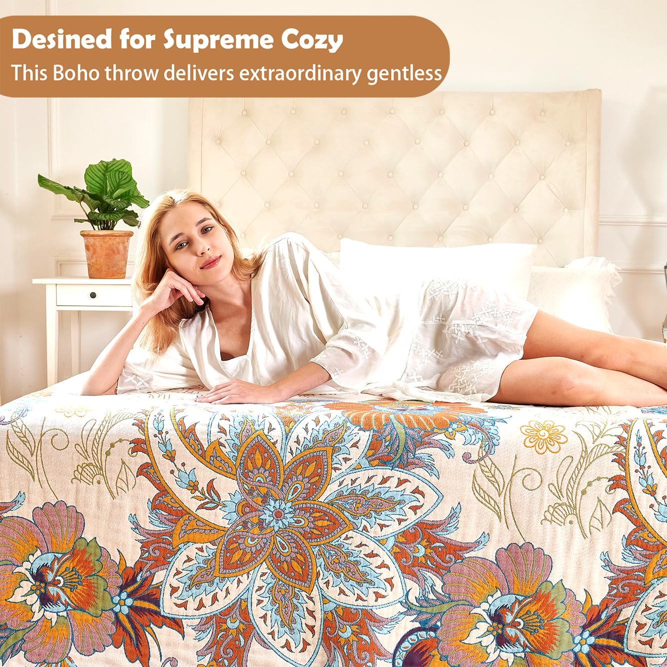 Boho Throw Blanket, 100% Organic Cotton Breathable Ultra Soft Bed Quilt Throw - All Season Floral