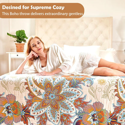 Boho Throw Blanket, 100% Organic Cotton Breathable Ultra Soft Bed Quilt Throw - All Season Floral