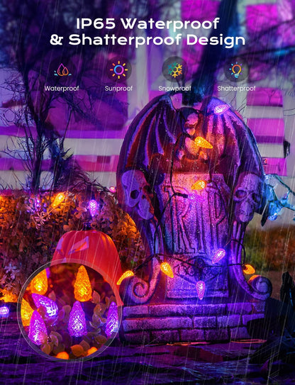 Brightown Solar Operated C6 Halloween Outdoor Lights, 22.64ft 50 LEDs Orange Purple Halloween