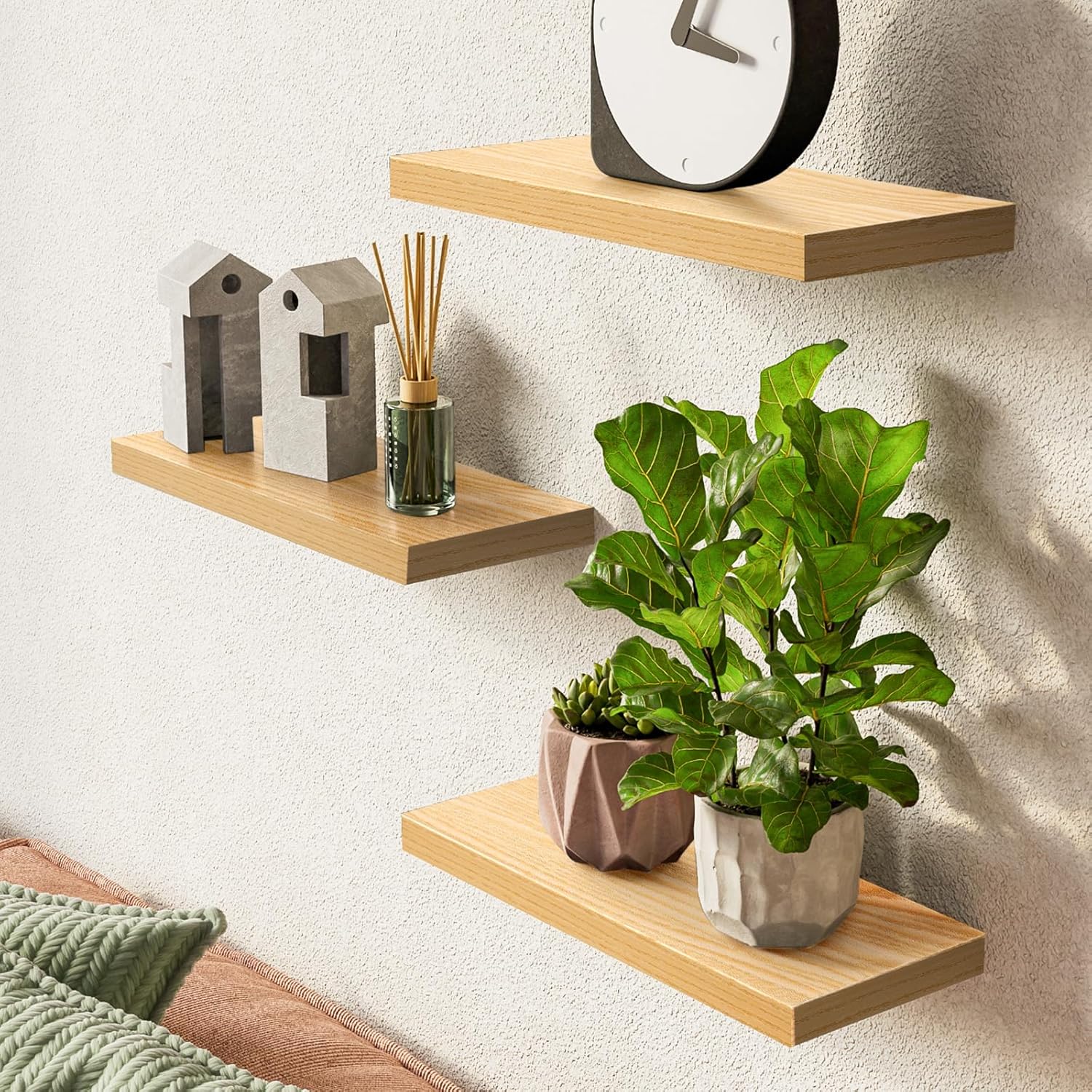 BAYKA Floating Shelves for Wall, Wall Mounted Rustic Wood Shelves for Bathroom, Bedroom, Living