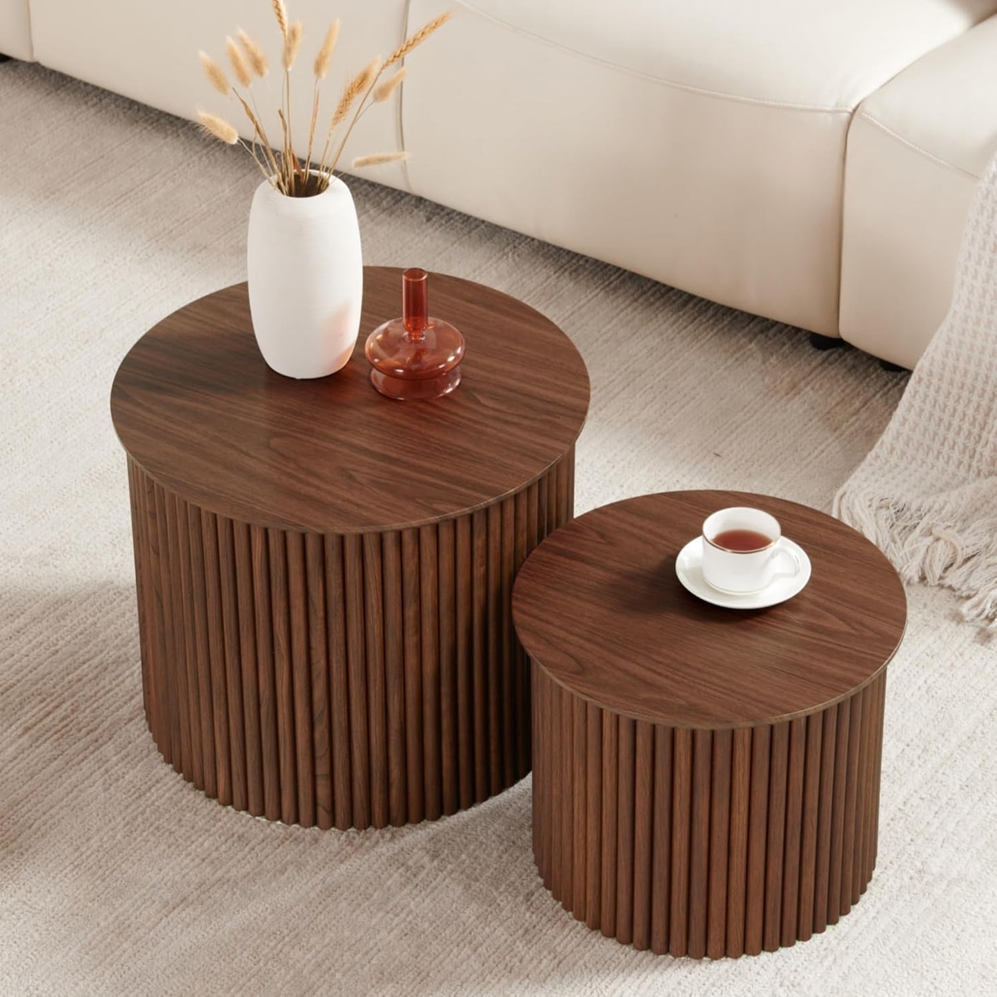 Small Fluted Round Nesting Coffee Table Set of 2, Mid Century Modern Coffee Table Circle Side