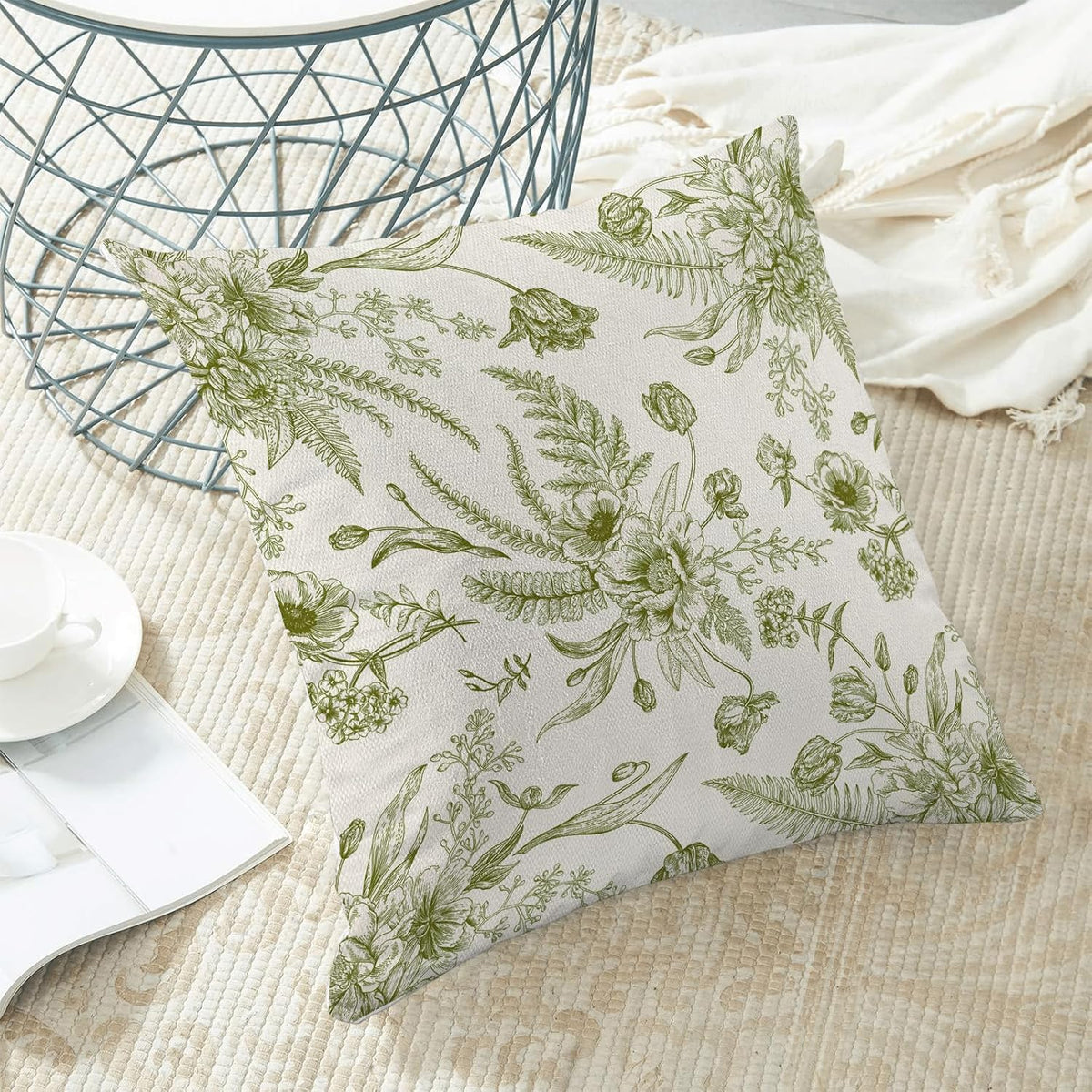 CXMEIFLY Sage Green Spring Pillow Covers 20 x 20 Inch Set of 2 for Chinoiserie Flowers Decor Throw
