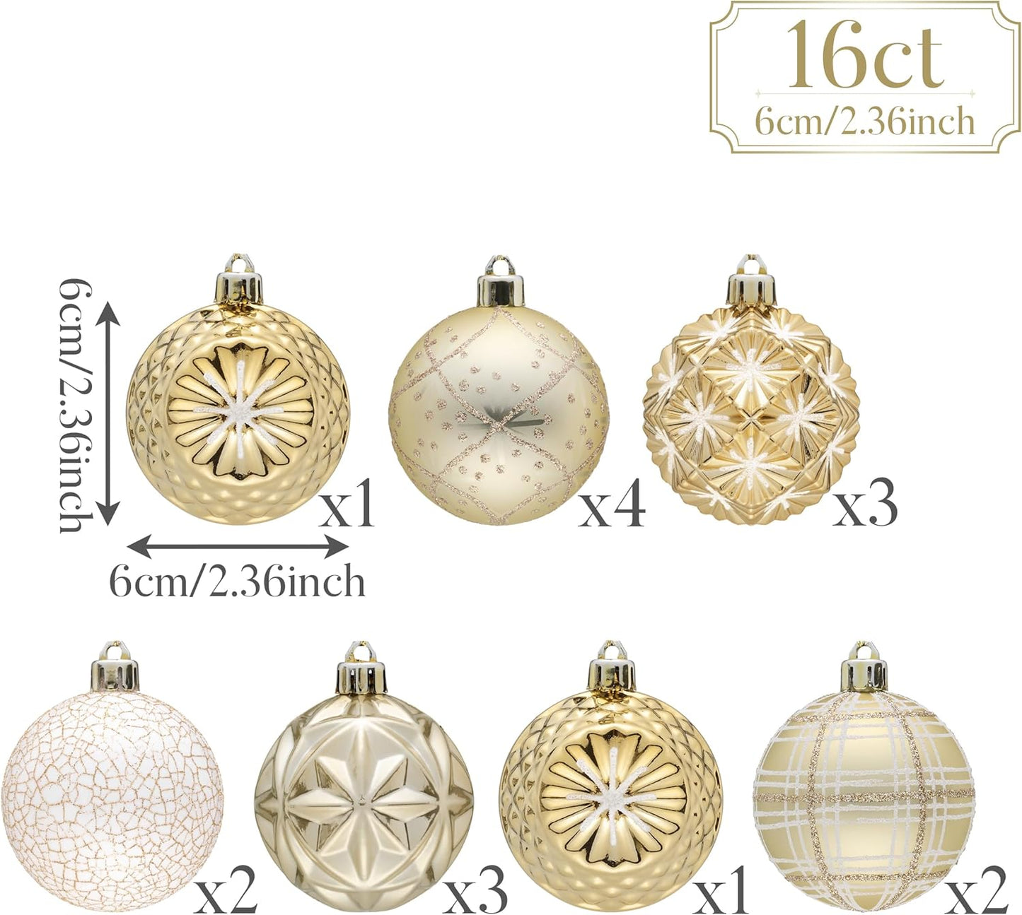 Valery Madelyn Ornaments for Christmas Trees, 16ct 2.36 Inches White and Gold Shatterproof