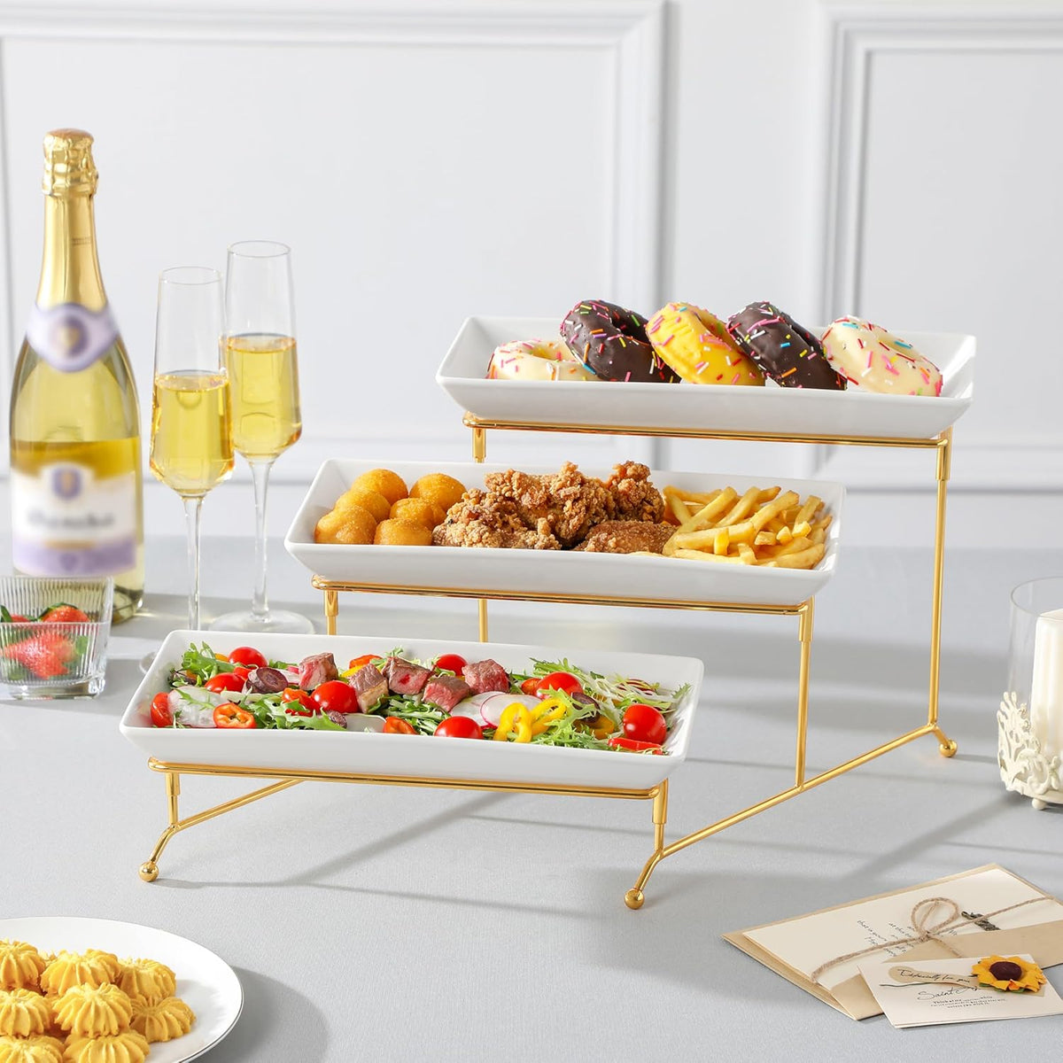 MALACASA 3 Tier Serving Trays for Party, 12 Inch Porcelain White Trays for Serving Food, Dessert
