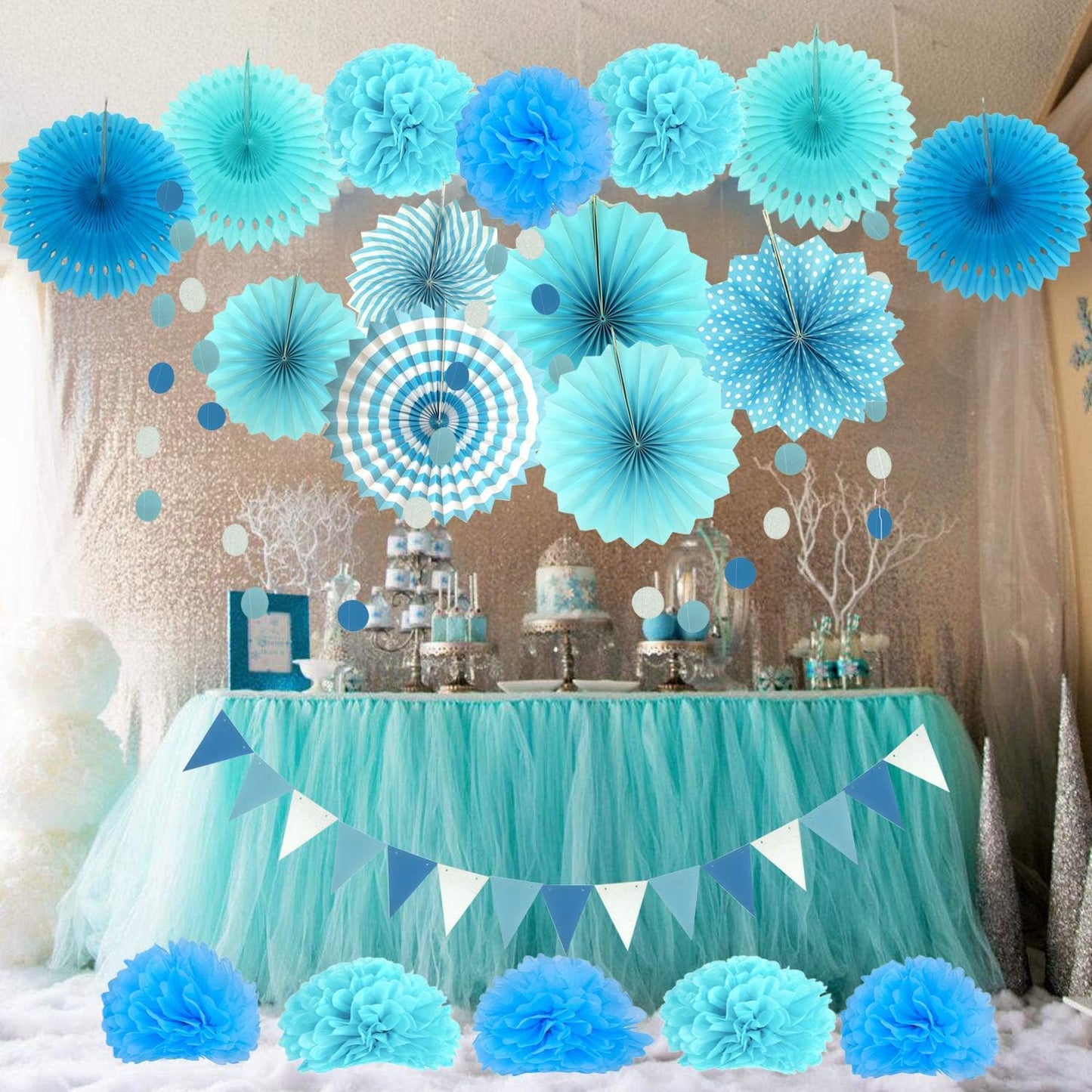 ZERODECO Party Decoration, 21 Pcs Blue Hanging Paper Fans, Pom Poms Flowers, Garlands String Polka