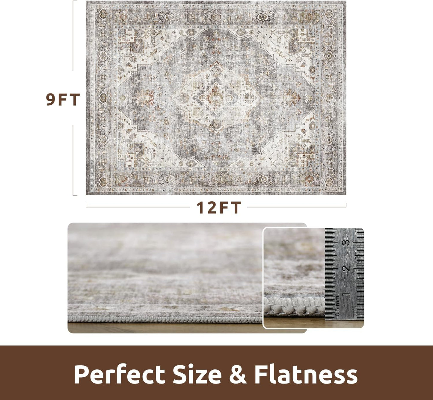 AMOAMI Area Rug - 9x12 Vintage Soft Grey Rug - Non Slip, Washable for Living Room, Bedroom, Dining