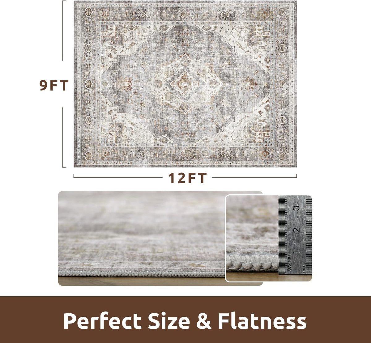 AMOAMI Area Rug - 9x12 Vintage Soft Grey Rug - Non Slip, Washable for Living Room, Bedroom, Dining