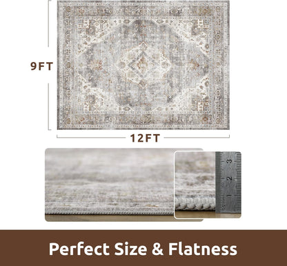 AMOAMI Area Rug - 9x12 Vintage Soft Grey Rug - Non Slip, Washable for Living Room, Bedroom, Dining