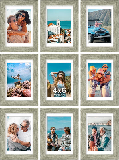 Vittanly 4x6 Picture Frames Set of 9, Shatter Resistant Plexiglass, Display 3.5x5 Pictures with Mat