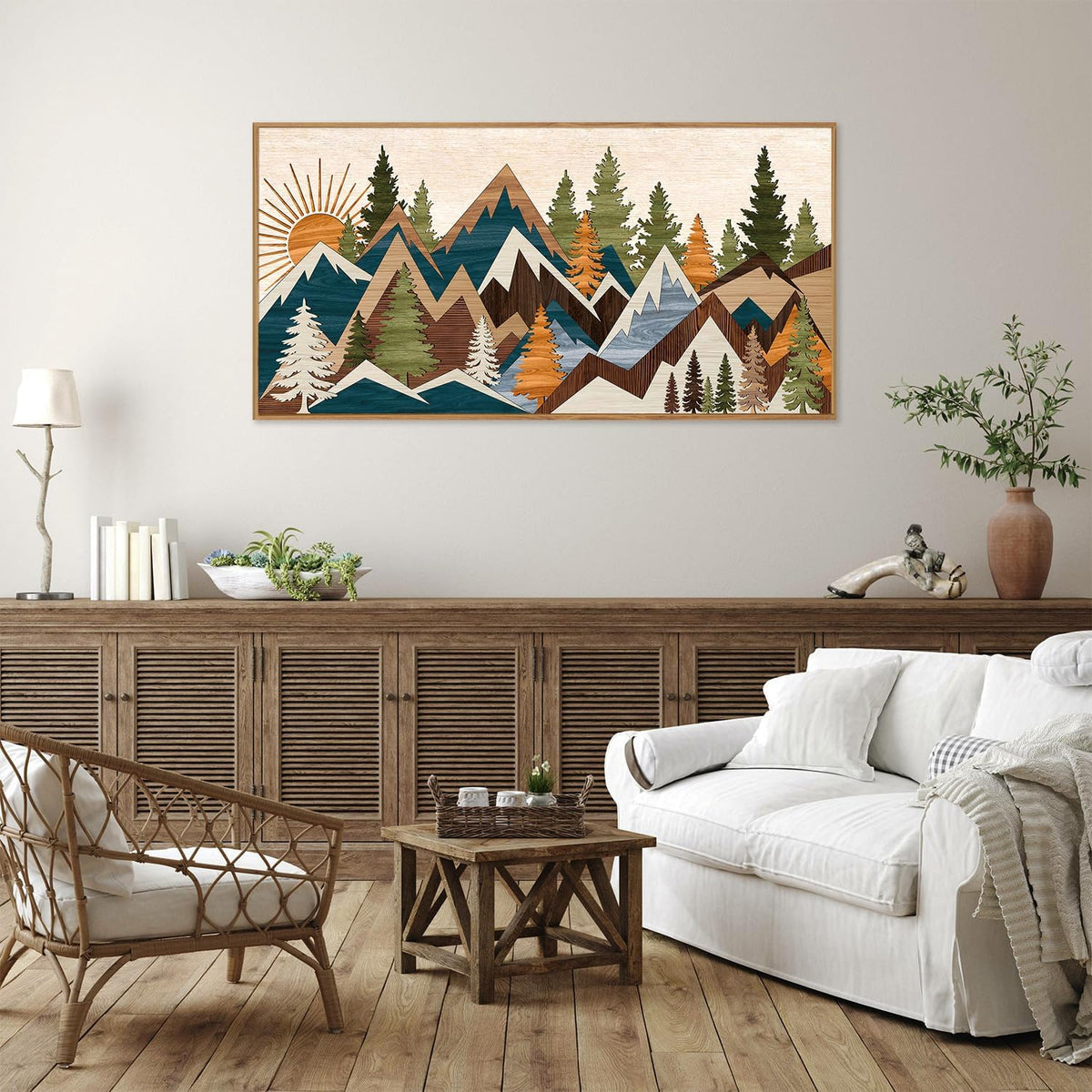 Tinonedraw Large Metal Mountain Framed Canvas Wall Art, Boho Rustic Sunrise Forest Wall Decor, 3